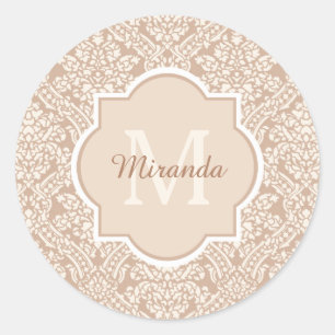 Posan Tan Damask Pattern Monogram med Namn Runt Klistermärke