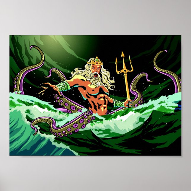 Poseidon kommer ut ur havsutskriften Färg Poster (Framsidan)