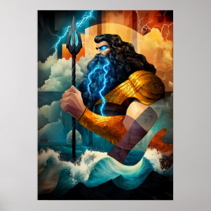 Poseidon - Kubistisk Minimalistisk Legend - Havets Poster