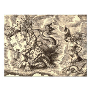 Poseidon och Dolphin World Map Fototryck
