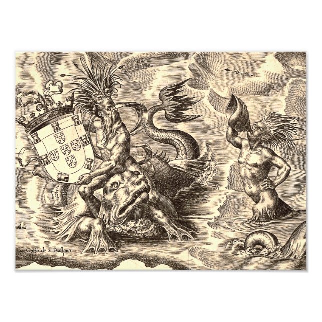 Poseidon och Dolphin World Map Fototryck (Framsidan)