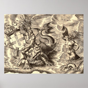 Poseidon och Dolphin World Map Poster