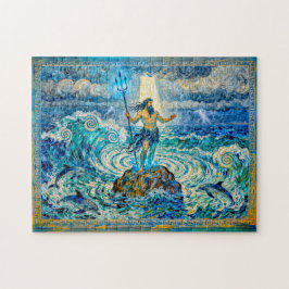Poseidon on Sea Rocks with Trident and Dolphins Pussel