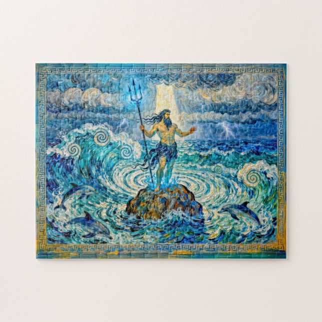 Poseidon on Sea Rocks with Trident and Dolphins Pussel (Horisontell)