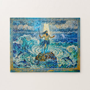 Poseidon på havsstenar med treudd och delfiner pussel