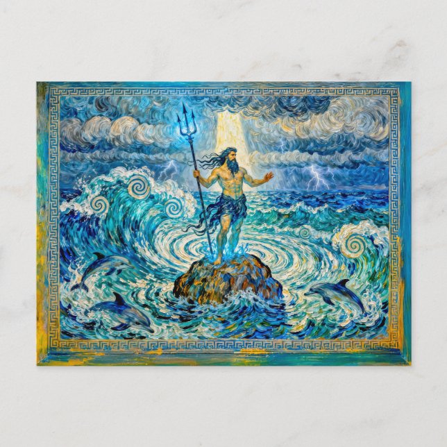Poseidon på havsstenar med treudd och delfiner vykort (Framsida)