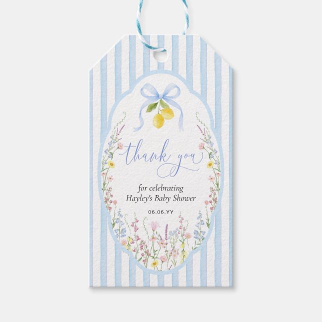 Posey Wildflower Blue Bow Baby Shower Presentetikett (Framsidan)