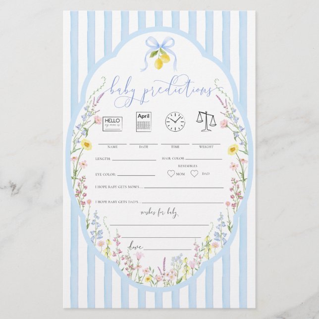 Posey Wildflowers Blue Bow Baby Predictions Game (Framsida)