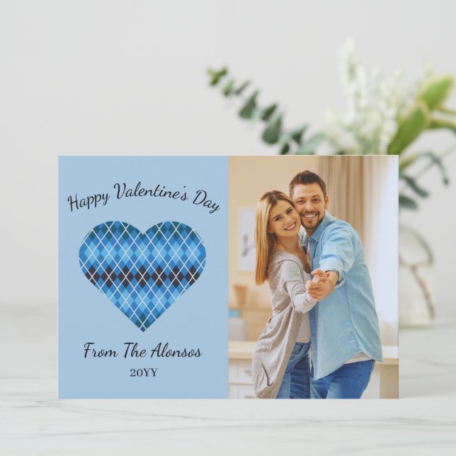 Posh Argyle Heart Mörk blått (Light Blue) Valentin Julkort (Stående Fram)