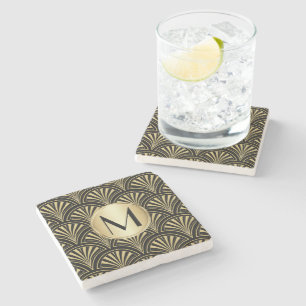 Posh Black och Guld Deco Fläkt Monogrammed Stenunderlägg