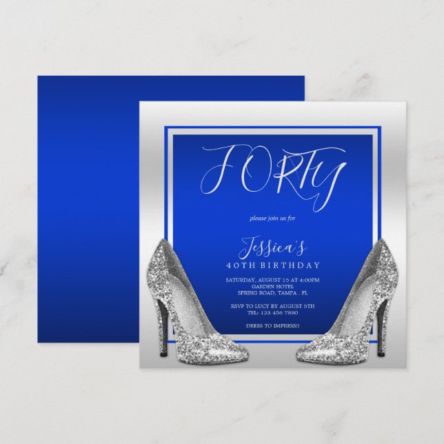 Posh Blue & Silver Stilettos 40:e födelsedagen Inbjudningar (Fram/baksida)