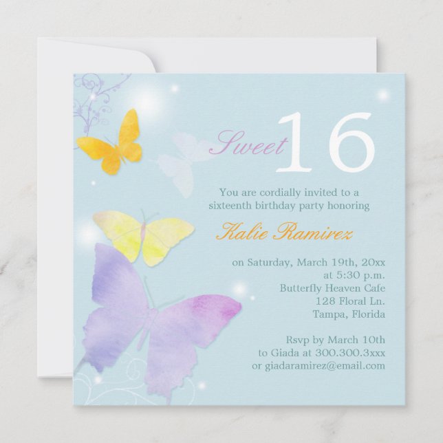 Posh Butterfly Blek Blue Sweet 16 Party Inbjudningar (Framsida)