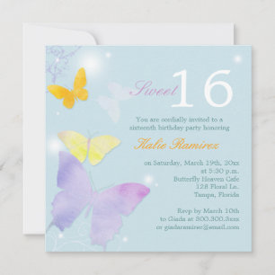 Posh Butterfly Blek Blue Sweet 16 Party Inbjudningar