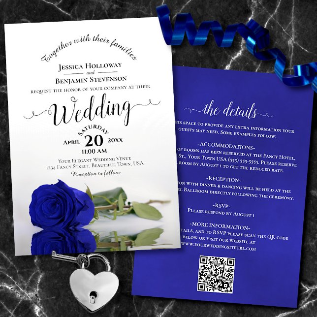 Posh Calligraphy Royal Blue Ro QR Code Bröllop Inbjudningar (Front/Back)