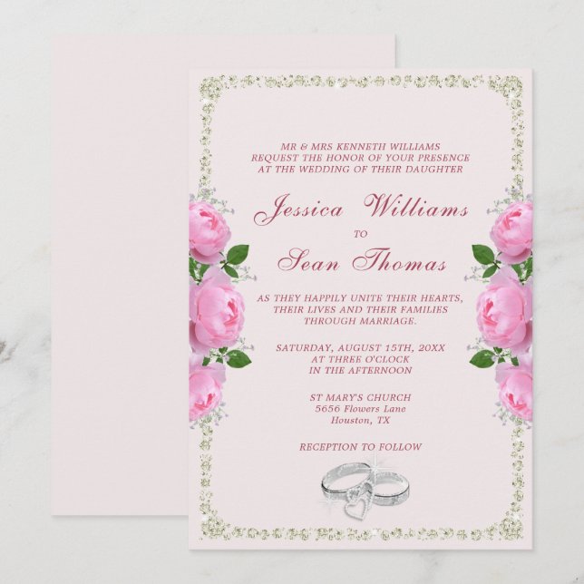 Posh Framed Diamond Ringar & Rosa ros Bröllop Inbjudningar (Fram/baksida)