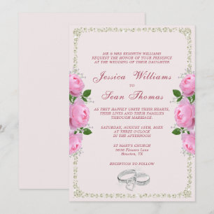 Posh Framed Diamond Ringar & Rosa ros Bröllop Inbjudningar