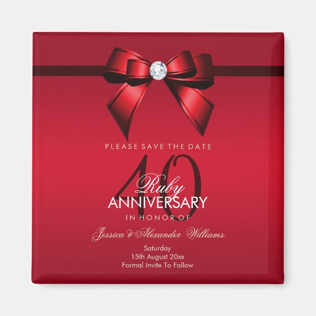 Posh Gem Bow & Ribbon 40-års bröllopsjubileum Magnet (Framsidan)