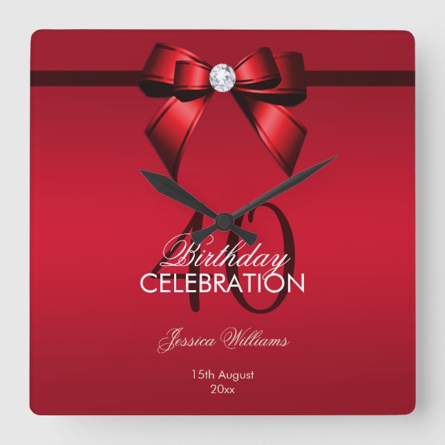 Posh Gem Bow & Ribbon 40-årsdag Fyrkantig Klocka (Framsida)