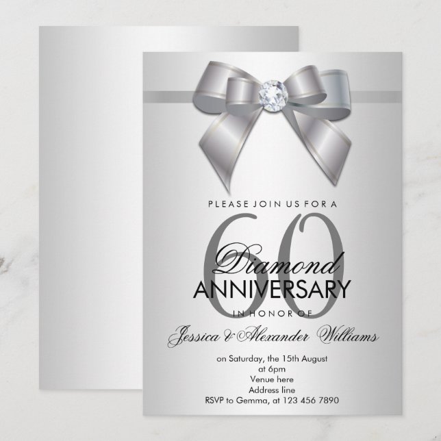Posh Gem Bow & Ribbon 60-års bröllopsjubileum Inbjudningar (Fram/baksida)