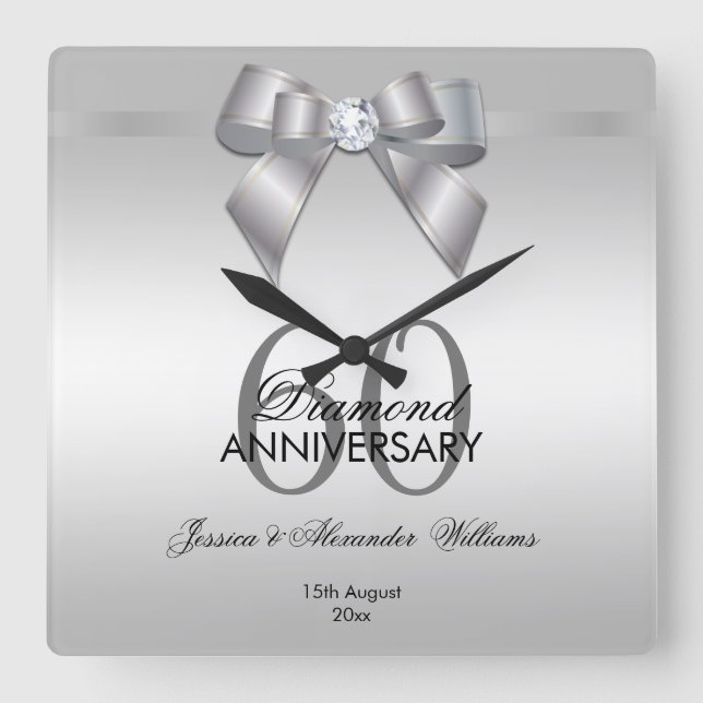 Posh Gem Bow & Ribbon 60-årsdagen Bröllop Fyrkantig Klocka (Framsida)