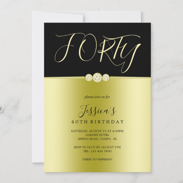 Posh Guld & Black Elegant Diamonds 40:e födelsedag Inbjudningar (Framsida)