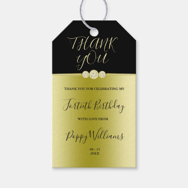 Posh Guld & Black Elegant Diamonds 40:e födelsedag Presentetikett (Framsidan)