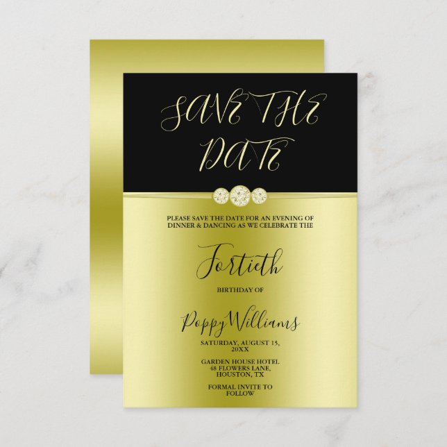 Posh Guld & Black Elegant Diamonds 40:e födelsedag Spara Datumet (Fram/baksida)