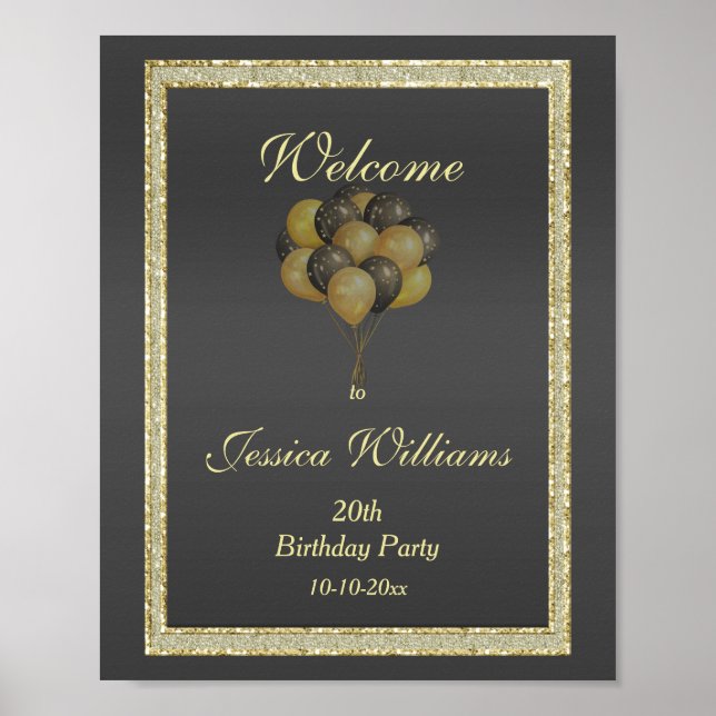 Posh Guld & Black, Glitter & Balloth Birthday Poster (Framsidan)