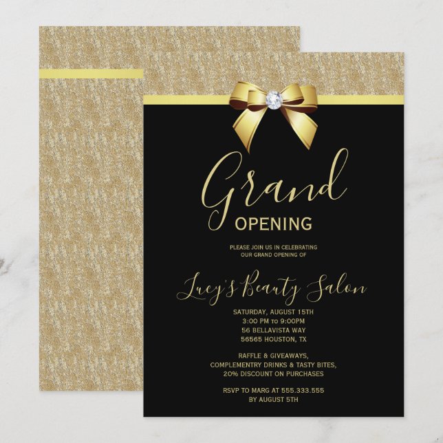 Posh Guld Jewel Bow Grand Open Inbjudningar (Fram/baksida)