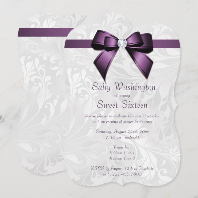 Posh Lila Diamond Bow & Damask Sweet 16 Inbjudningar (Fram/baksida)