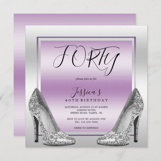 Posh Lilac & Silver Stilettos 40:e födelsedagen Inbjudningar (Fram/baksida)