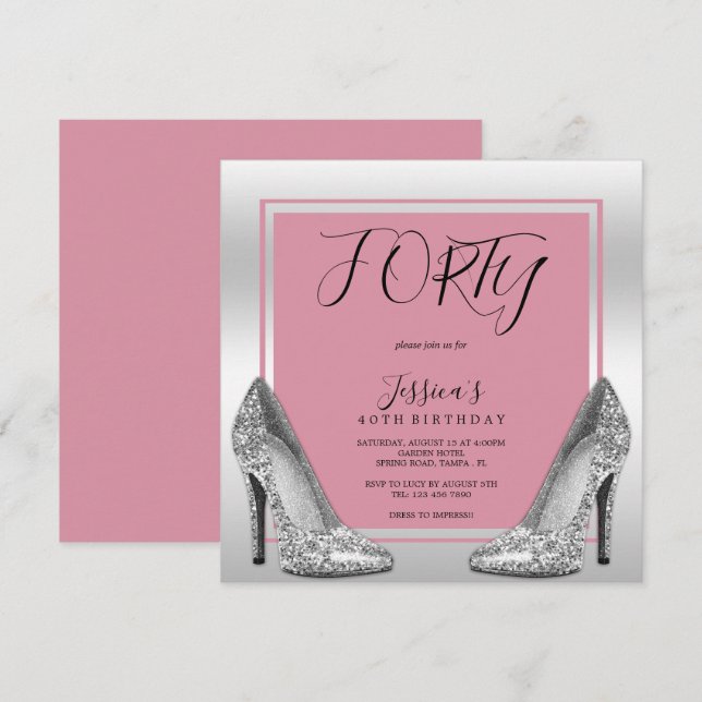 Posh Pink & Silver Stilettos 40th Birthday Inbjudningar (Fram/baksida)