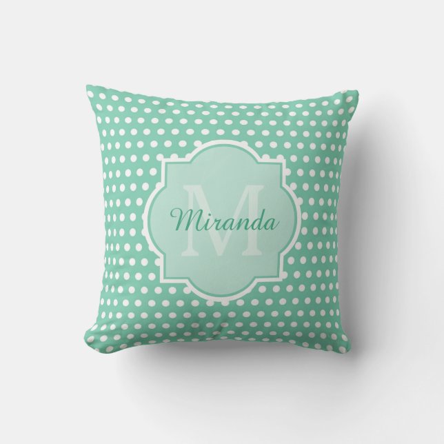 Posh Polka dots Mint Grönt Monogram och Namn Kudde (Framsida)