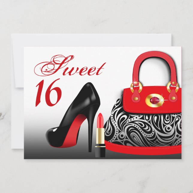 Posh Purse, Högklackar och Lipstick Sweet sixteen Inbjudningar (Framsida)