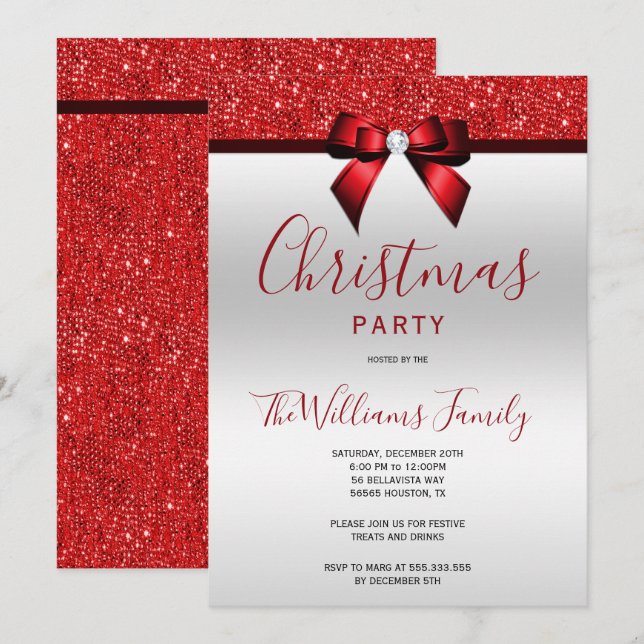Posh Red Jewel Bow jul Party Inbjudningar (Fram/baksida)