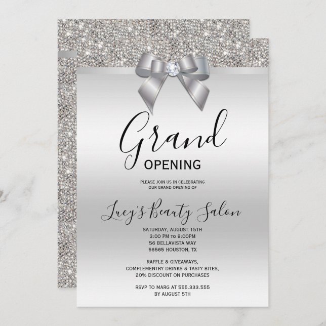 Posh Ro Silver Jewel Bow Grand Open Inbjudningar (Fram/baksida)