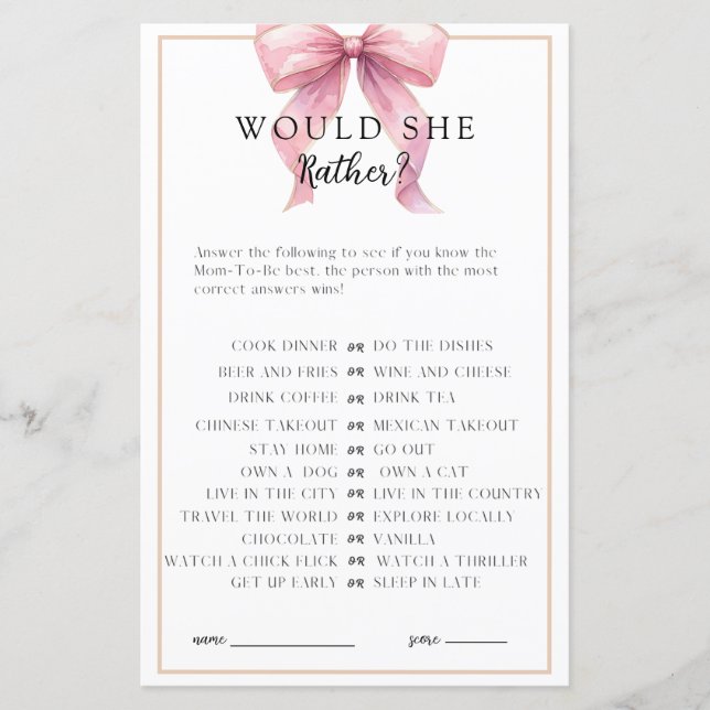 Posh Rosa Coquette Bow Baby Shower-spel (Framsida)