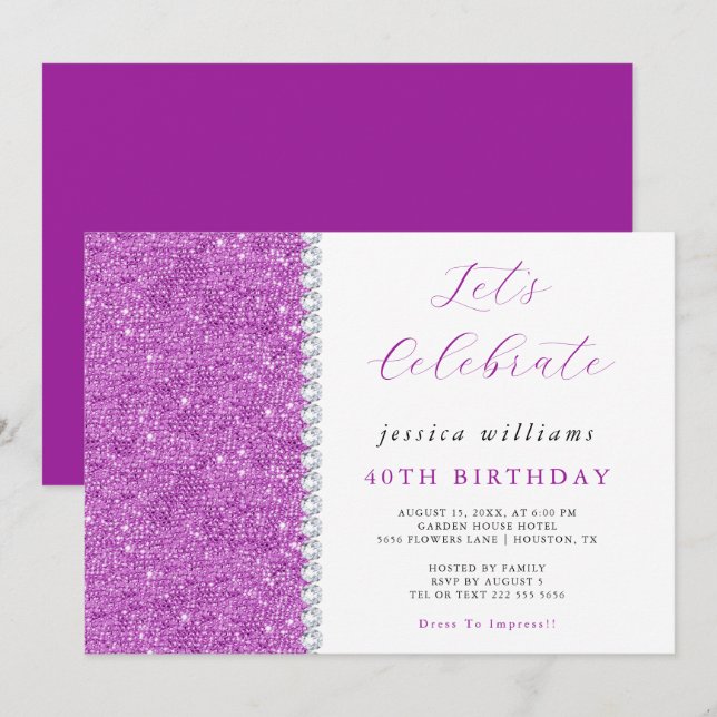 Posh Sequins & Diamonds Lila Birthday Inbjudningar (Fram/baksida)