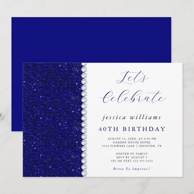 Posh Sequins & Diamonds Navy Födelsedag  Inbjudningar (Fram/baksida)