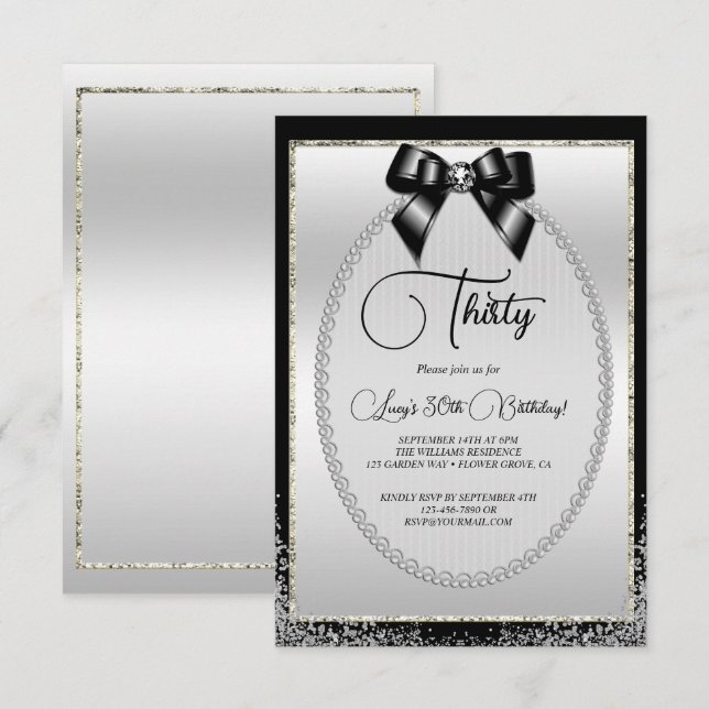 Posh Silver, Black Gem Bow & Glitter Birthday Inbjudningar (Fram/baksida)