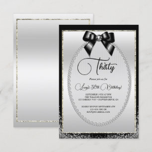 Posh Silver, Black Gem Bow & Glitter Birthday Inbjudningar