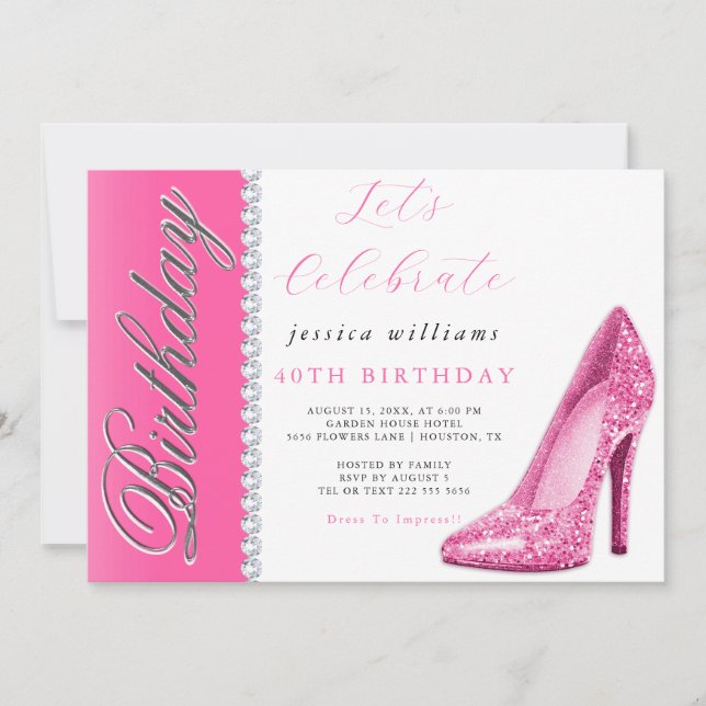 Posh Stiletto & Diamonds Rosa Birthday Inbjudningar (Framsida)