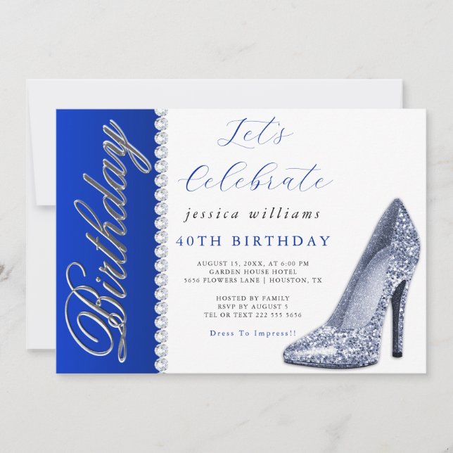 Posh Stiletto & Diamonds Royal Blue Birthday Inbjudningar (Framsida)