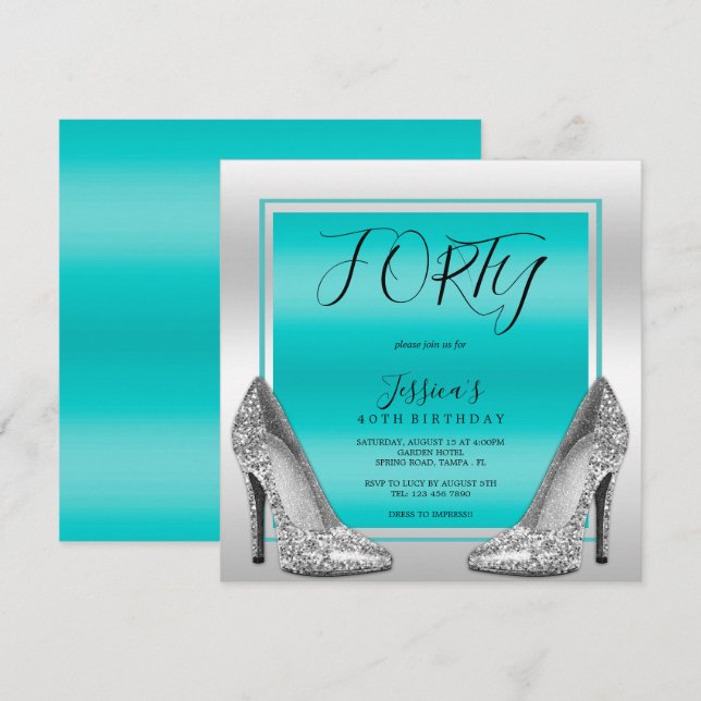 Posh Teal & Silver Stilettos 40:e födelsedagen Inbjudningar (Fram/baksida)