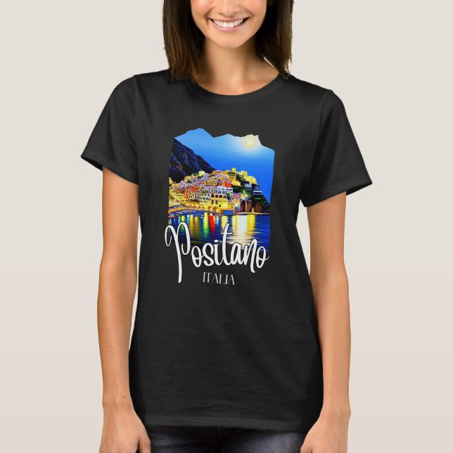 Positano Amalfi Coast At Night T Shirt (Framsida)