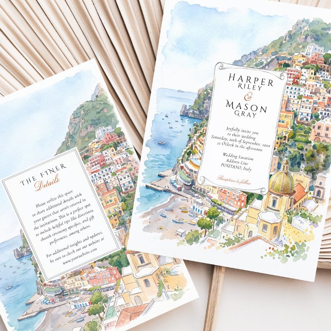 Positano Amalfi-kusten Akvarell Bröllopsinbjudan Inbjudningar (Skapare uppladdad)