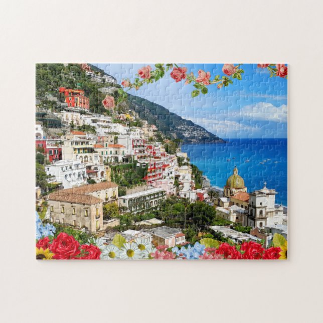 Positano Amalfi Kusten Italien med blomförgrund Pussel (Horisontell)