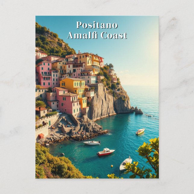 Positano Amalfi Kusten Retro Travel Cliffside Vykort (Framsida)