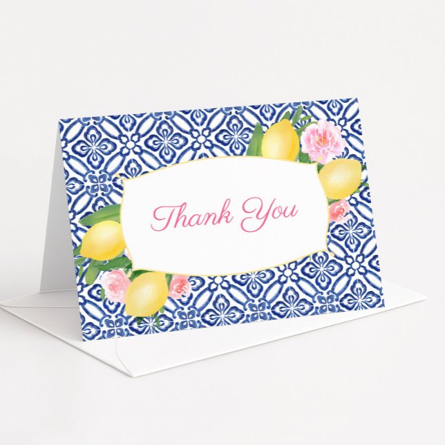 Positano Blå Kakel Citron Rosa Bröllopsdusch Tack Kort (Positano lemons and pink flowers baby girl shower thank you card)