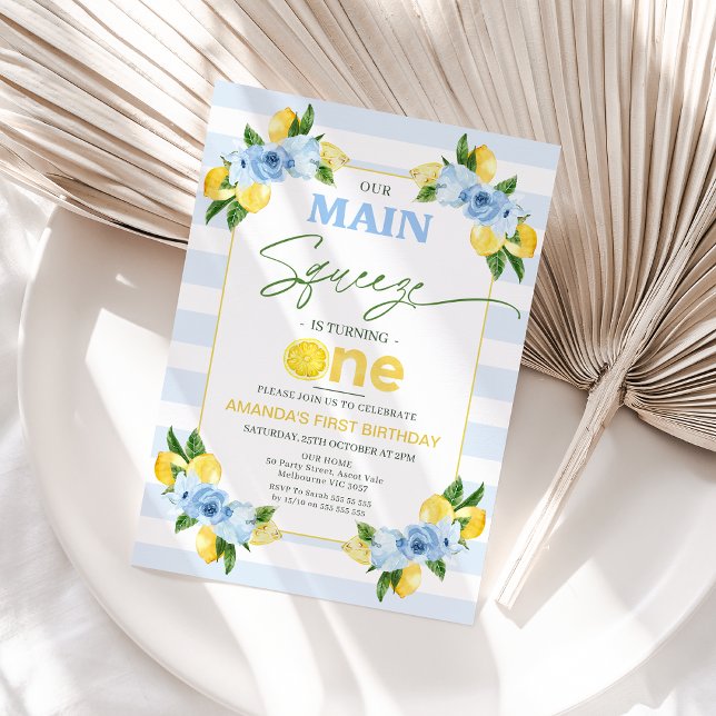 Positano Blue Lemon Main Squeeze 1:a födelsedagen Inbjudningar (Blue Yellow Main Squeeze 1st Birthday Invitation, Lemon Themed Fist Birthday Invitation Girl)